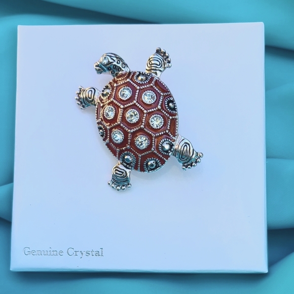 Vintage Crystal Red Silver Turtle Brooch Pin - Picture 3 of 5